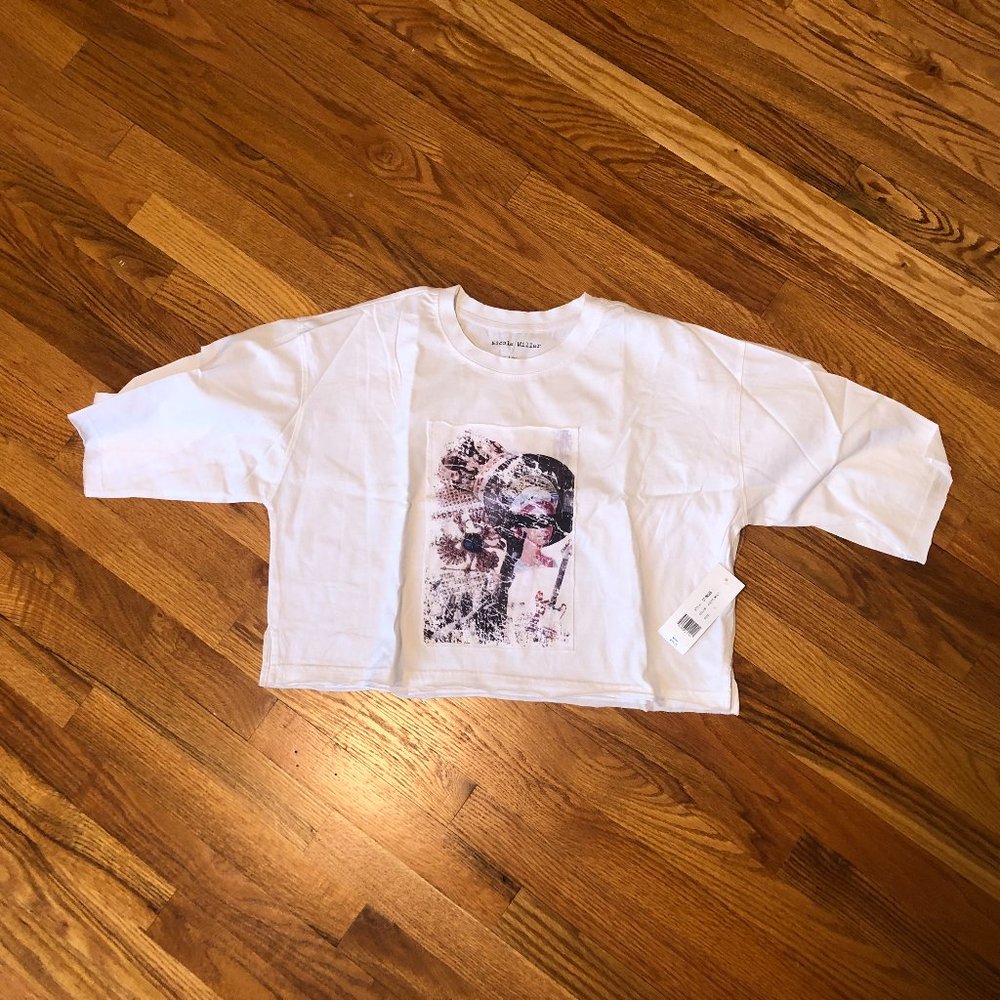 Nicole Miller Collection Womens Large Cropped T-Shirt White Music Graphic Guitar